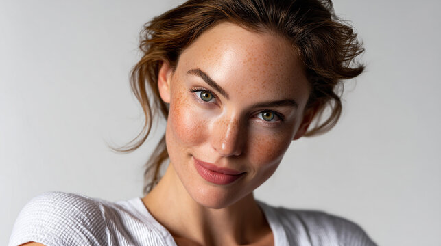 Woman Freckles Dewy Makeup Direct Gaze Portrait

