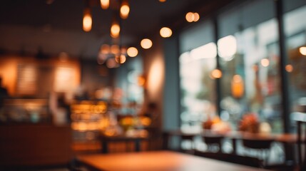 Blurred modern coffee shop interior with bokeh lights cozy cafe background