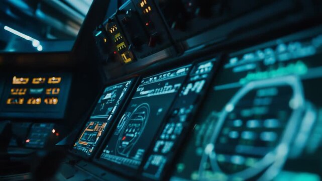 Spaceship cockpit displays innovative digital screens showing essential flight data, creating an immersive experience for pilots controlling the advanced aircraft in a high tech environment