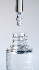 Clear glass dropper dripping serum into cosmetic bottle isolated on white background