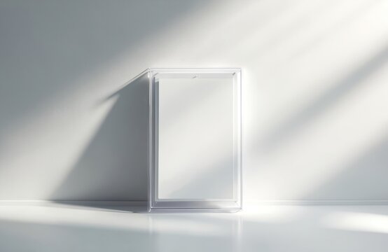 Clear plastic card holder stands on white surface with light stripes. Transparent frame displays blank white card for game, sport or collectible. Clean display for mock up.
