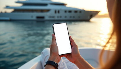 Naklejka premium Woman holds blank screen phone on yacht. Luxury cruiser on sea background. Sunset glow reflects on water. Person uses mobile device during vacation trip.