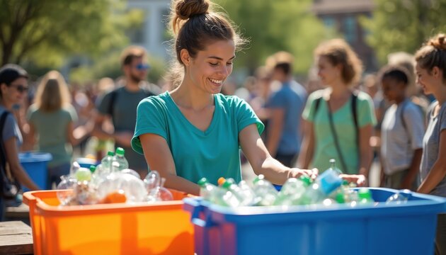 Young woman sorts plastic bottles into recycling bins at outdoor community event. People sort waste for eco friendly initiative, sustainability project, green action.