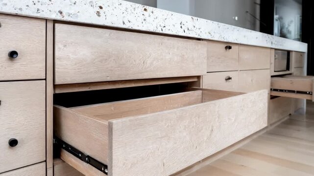 Medium shot featuring a kitchen with wide open floor space and lever handles on drawers tailored for ease of access and maneuverability.