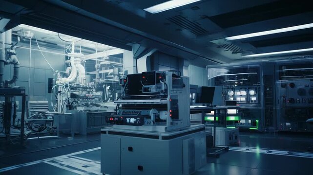 Advanced scientific lab featuring cutting edge technology and intricate machinery, creating an atmosphere of innovation and future forward research in a sterile environment