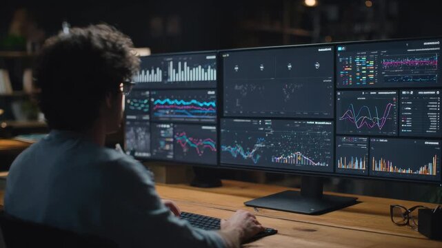 Medium shot of a digital marketer analyzing programmatic advertising dashboards with realtime data streams visualized for automated ad buying strategies