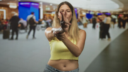 Woman pointing with extended hand at camera, wearing yellow crop top and showing bare midriff in busy airport terminal  playful intent. © Krakenimages.com