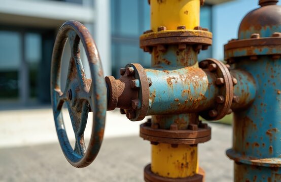 Close view of old rusty industrial valve wheel on pipe. Blue metal pipe segment shows corrosion and wear. Yellow pipe stands nearby on sunny day.