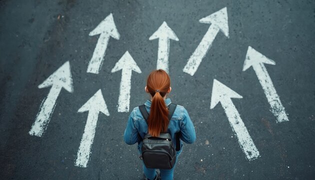 Young student stands on asphalt with many white arrows pointing in different directions. Girl faces many choices for future education or career path.