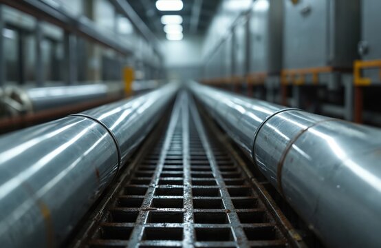 Shiny steel pipes run parallel above a metal grate in a clean manufacturing facility. Industrial plumbing infrastructure connects food processing equipment for liquid transport and hygiene.