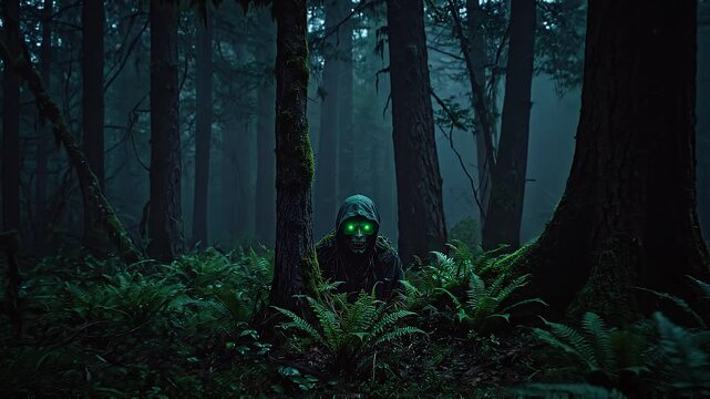 demonio del bosque asechando desde la oscuridad entre arboles y arbustos mirando directamente a la c&aacute;mara con sus ojos verde brillantes llenos de odio