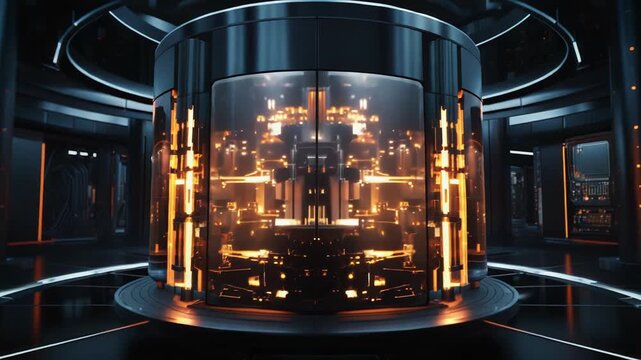 Central data processing core glowing orange amid rows of servers and illuminated racks in a futuristic data center, evoking ai, cloud computing and high performance infrastructure