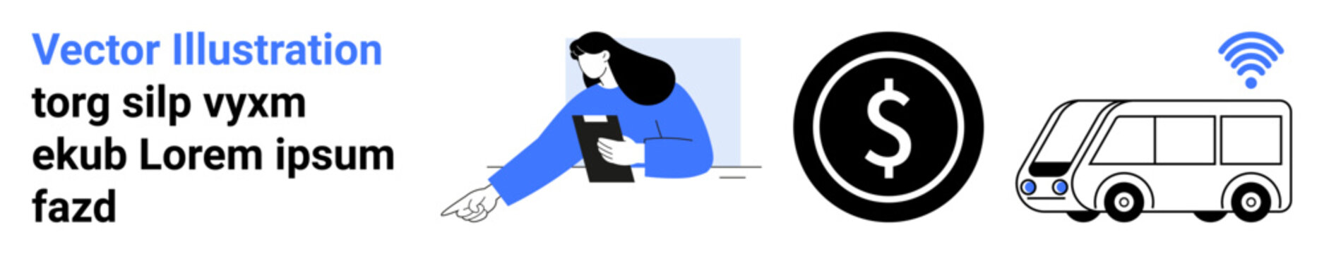 Digital payments, public transport, smart mobility, cashless transactions, modern commuting, wireless systems. Woman using mobile device, dollar icon and smart bus. Digital payments and public
