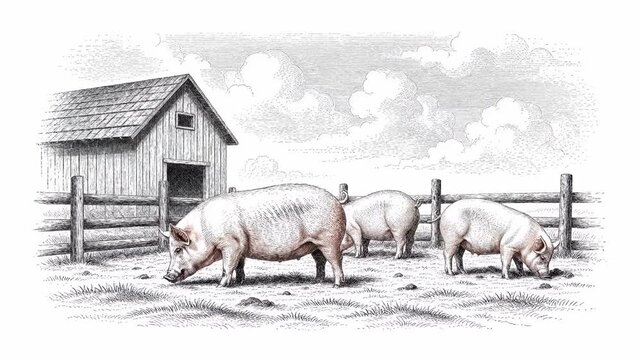 Vintage engraving style video of three pigs grazing in a paddock near a wooden barn under a cloudy sky. Concept of traditional organic farming and agriculture