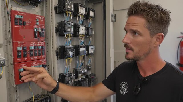 Medium shot of a fire safety professional reviewing fire prevention protocols while inspecting fire alarm control panels.