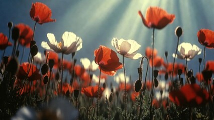 Obraz premium Beautiful poppy field with sun rays illuminating red and white blossoms.
