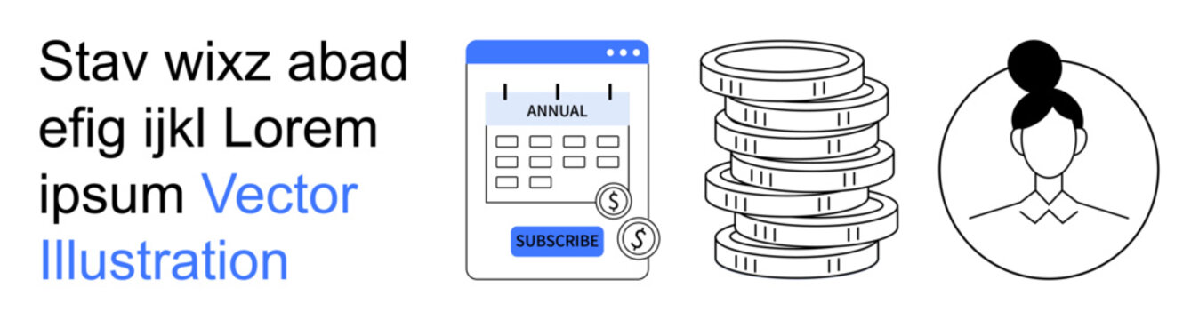 Digital subscriptions, personal finance, online services, payment systems, identity verification, user registration. calendar marked subscription, coin stack and user avatar. Digital subscriptions