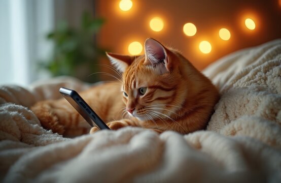 Orange tabby cat rests on a soft blanket, looking intently at a smartphone screen. Cozy indoor scene with warm bokeh lights creating a peaceful ambiance. Cat uses tech in domestic setting.