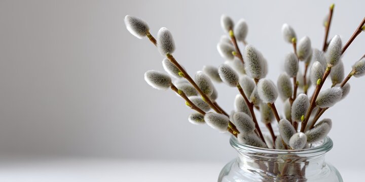 botanical still life, a clear vase holds pussy willow branches in sharp focus, capturing their texture against a white backdrop