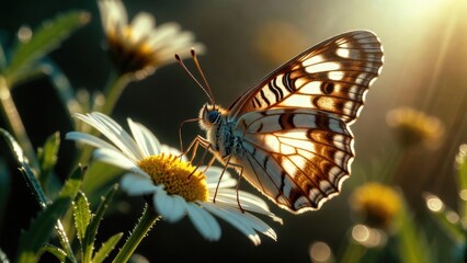 Fototapeta premium Butterfly resting on daisy in sunlit meadow at golden hour.