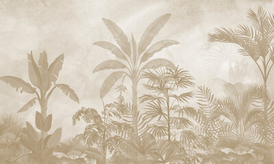 Watercolor Tropical Wall Mural Mockup with Soft Botanical Leaves in Neutral Scandinavian Interior Background