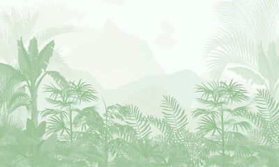 Watercolor Tropical Wall Mural Mockup with Soft Botanical Leaves in Neutral Scandinavian Interior Background