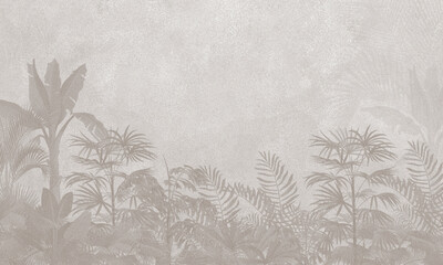 Watercolor Tropical Wall Mural Mockup with Soft Botanical Leaves in Neutral Scandinavian Interior Background