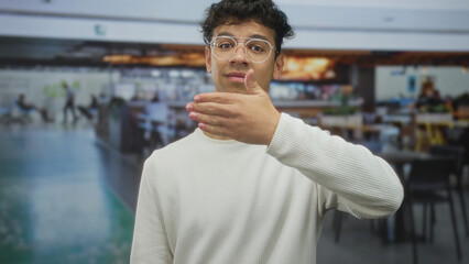 Fototapeta premium Young man covers his face with one hand while standing inside a busy airport terminal; embarrassment.