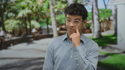 Man wearing glasses and a light blue shirt stands pointing finger to cheek in green park with blurred benches and trees  toothache. © Krakenimages.com