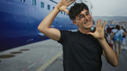 Naklejka premium Man frames his face with hands at port beside a moored ship and smiles, wearing glasses and black shirt; playful curiosity.