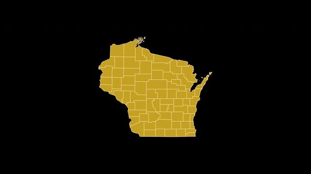 Wisconsin USA Gold Map 3D Animation Alpha Channel Transparent Background 4K UHD ProRes 60fps