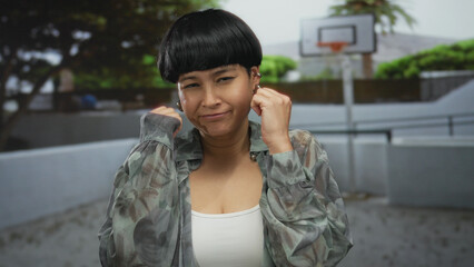 Fototapeta premium Young woman on outdoor basketball court protecting her face with fists, showcasing a defensive stance against a vibrant, lush background.