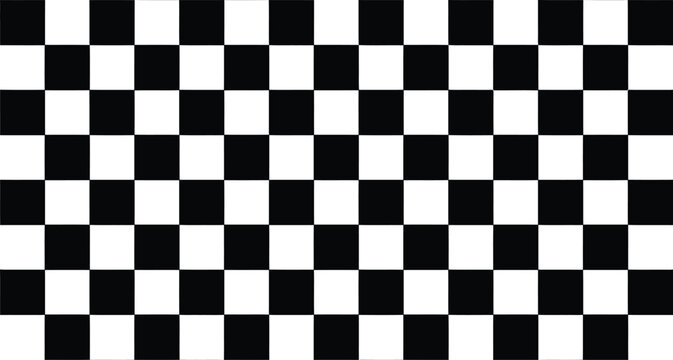 Black and white checkerboard pattern background. Seamless geometric square grid texture for racing flags, textile, or graphic design. Vector illustration.