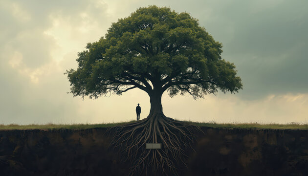 Person stands under large tree with exposed roots in cross section view. Symbol of deep societal values stability and connection to past traditions and future generations.