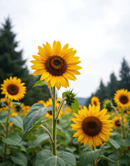 Obraz premium Field of blooming sunflowers under cloudy sky. Tall stalks with large yellow petals and dark centers grow in a green garden. Nature background with floral elements.