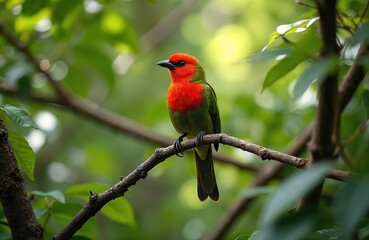 Fototapeta premium Small red and green bird perched on a tree branch in a lush forest. The avian has bright red plumage on its head and chest. Its green body feathers blend with foliage. Natural habitat setting.