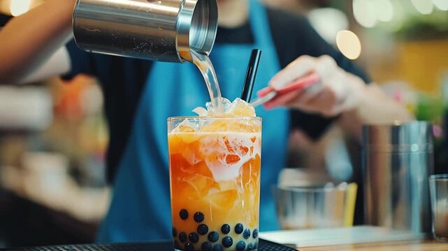 Woman bartender pouring liquid from a metal shaker into an iced bubble tea glass, mixing beverage with a straw in a cafe.