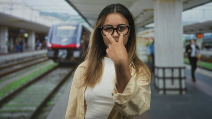 Fototapeta premium Woman wearing glasses shows peace sign and a slight smile on a train station platform and building; confidence.