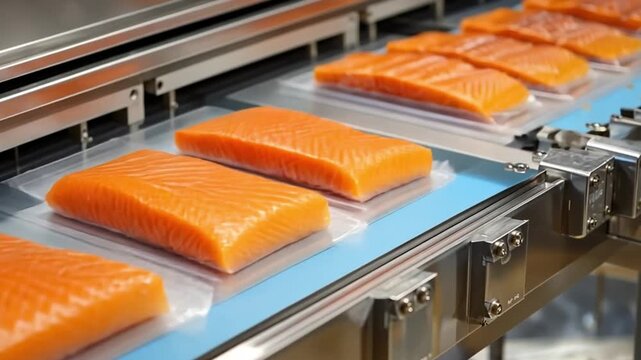 Fresh salmon fillets moving on automated conveyor system during packaging process for food industry automation