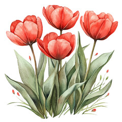 Obraz premium Blooming Tulips, clipart vector in watercolor style with flowing brushwork, isolated on a white background.