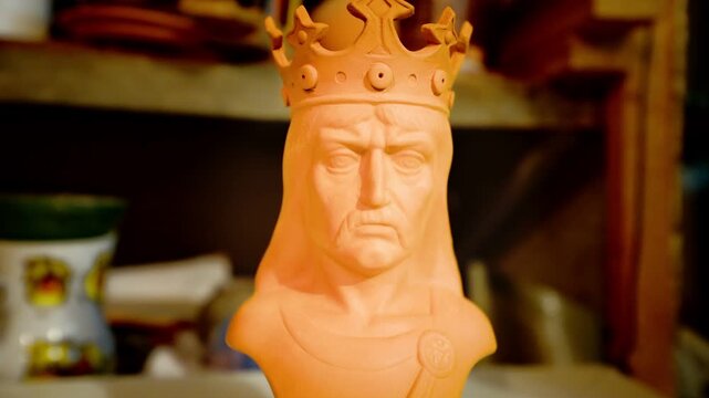 Close-up of a finished terracotta bust of Stephen the Great (Stefan cel Mare), showcasing traditional Moldovan pottery craftsmanship and historical portraiture.