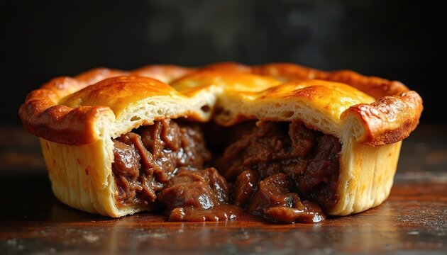 Close view of savory meat pie with thick gravy filling and golden pastry crust. Cut open revealing tender chunks of beef and kidney. Rich hearty meal.