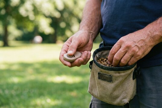 A person is holding a training clicker and taking treats from a pouch, likely for dog training.