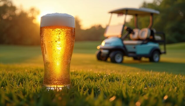 Glass of cold beer on green grass, golf cart parked on course. Golden hour sunlight creates warm atmosphere, perfect for relaxation after play. Refreshing drink.