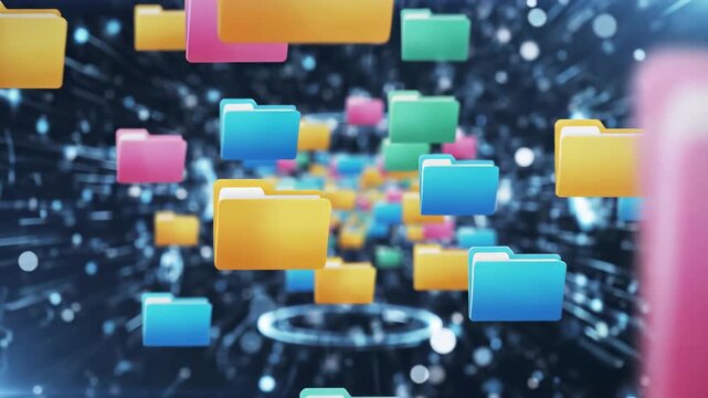 Colorful file folders floating in digital cyberspace network. Cloud data storage, document management, and organization concept for technology, computing, and information systems.