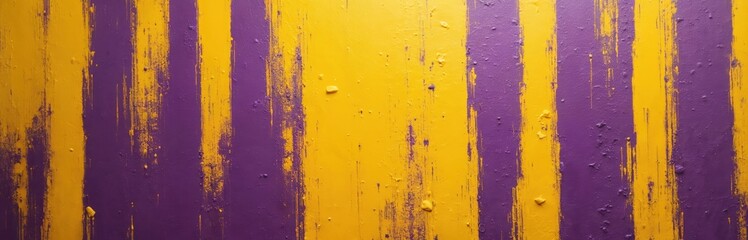 Fototapeta premium Rough textured wall with vertical bold paint strokes in vibrant yellow and deep purple. Surface shows grunge imperfections and drips, creating abstract art pattern.