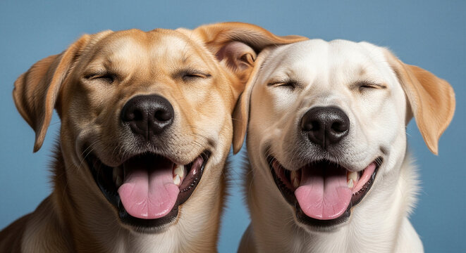 Happy smiling dogs with open mouths and tongues out, two cheerful labrador retriever mix puppies, joyful canine friends on blue background