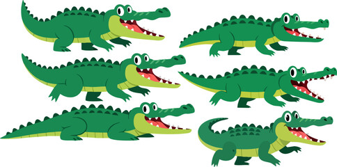 Obraz premium Six green cartoon crocodiles or alligators with open mouths and sharp teeth vector collection. Isolated on transparent background, these reptiles feature a friendly yet fierce expression.