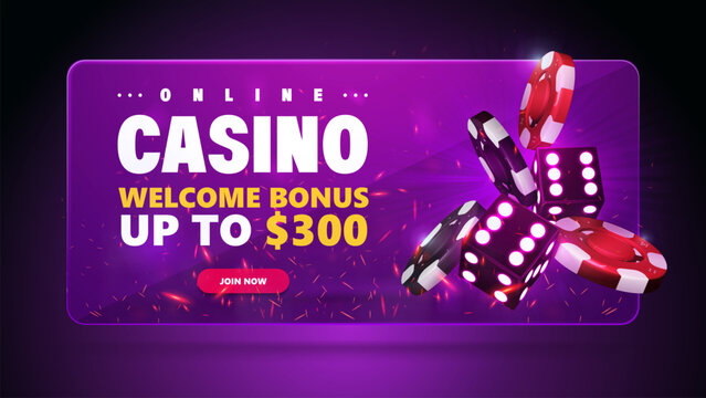 Purple web banner for online casino with a dice and chips on it. The banner has a 3D effect