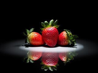 strawberries in a circle of white light on a black background with reflection in the shiny ground